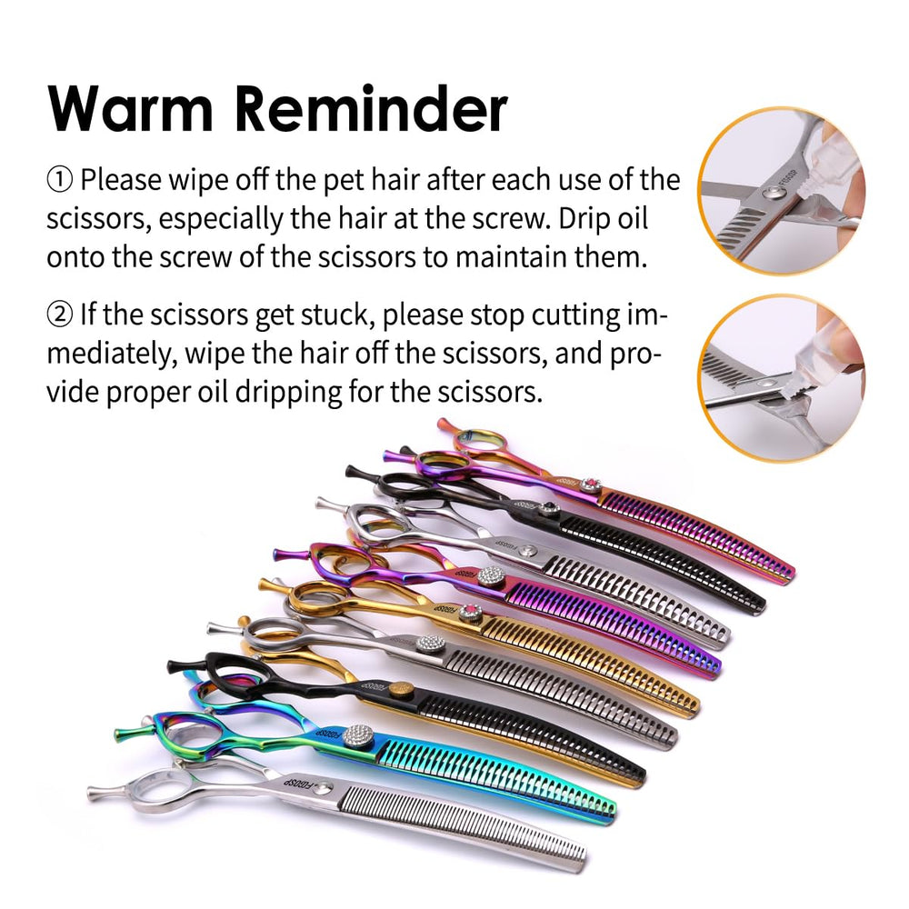 FOGOSP curved thinning shears quality-check closeup implies rigorous inspection.