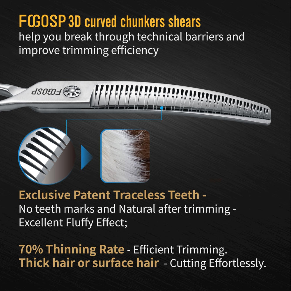 FOGOSP curved thinning teeth visible for smooth, even lines during pet grooming