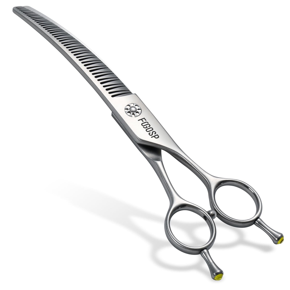 FOGOSP Professional 3D Curved Chunkers dog scissors, curve-front view, enables precise trimming for a rounded coat.