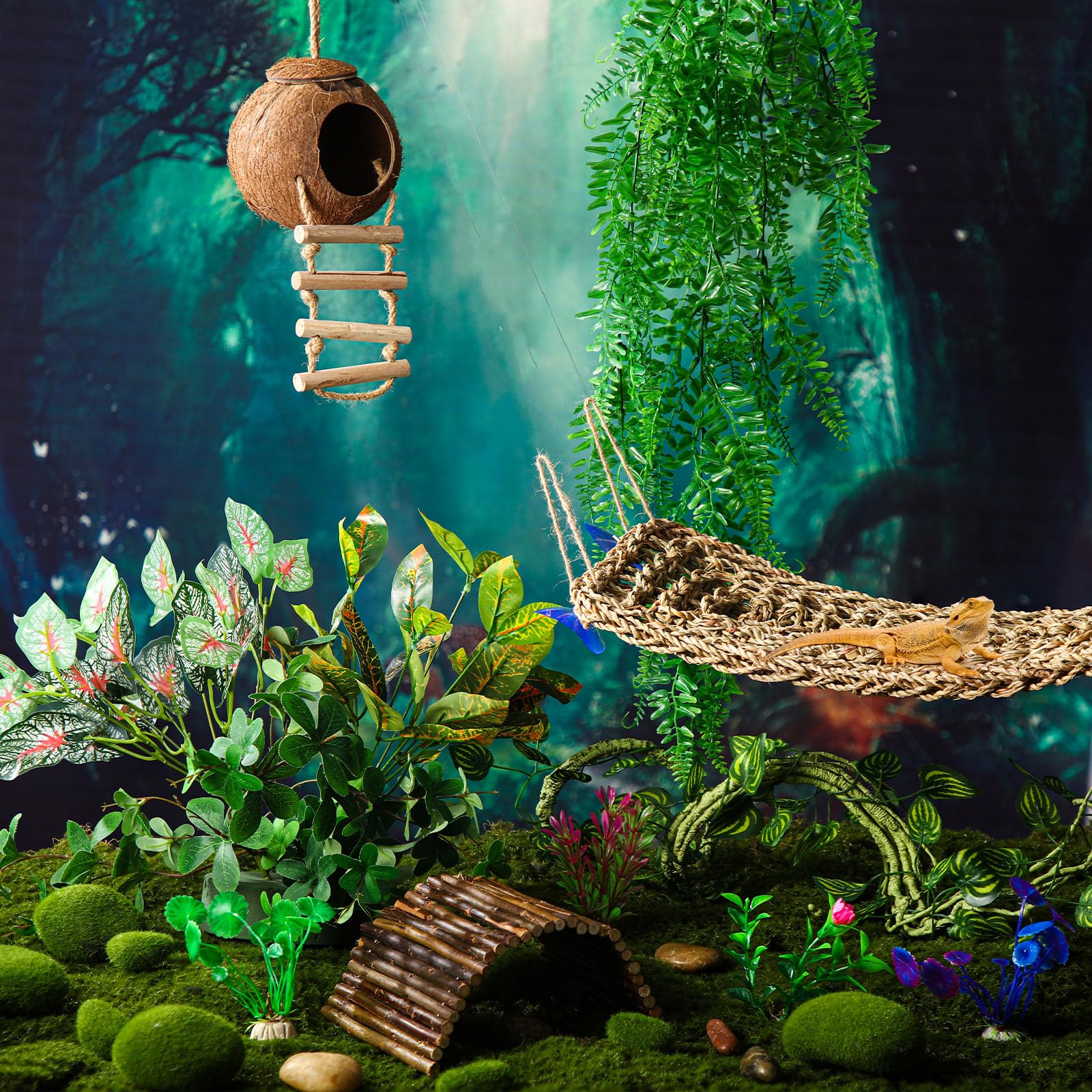 Foilswirl reptile hammock setup encourages hiding and resting within a natural habitat.