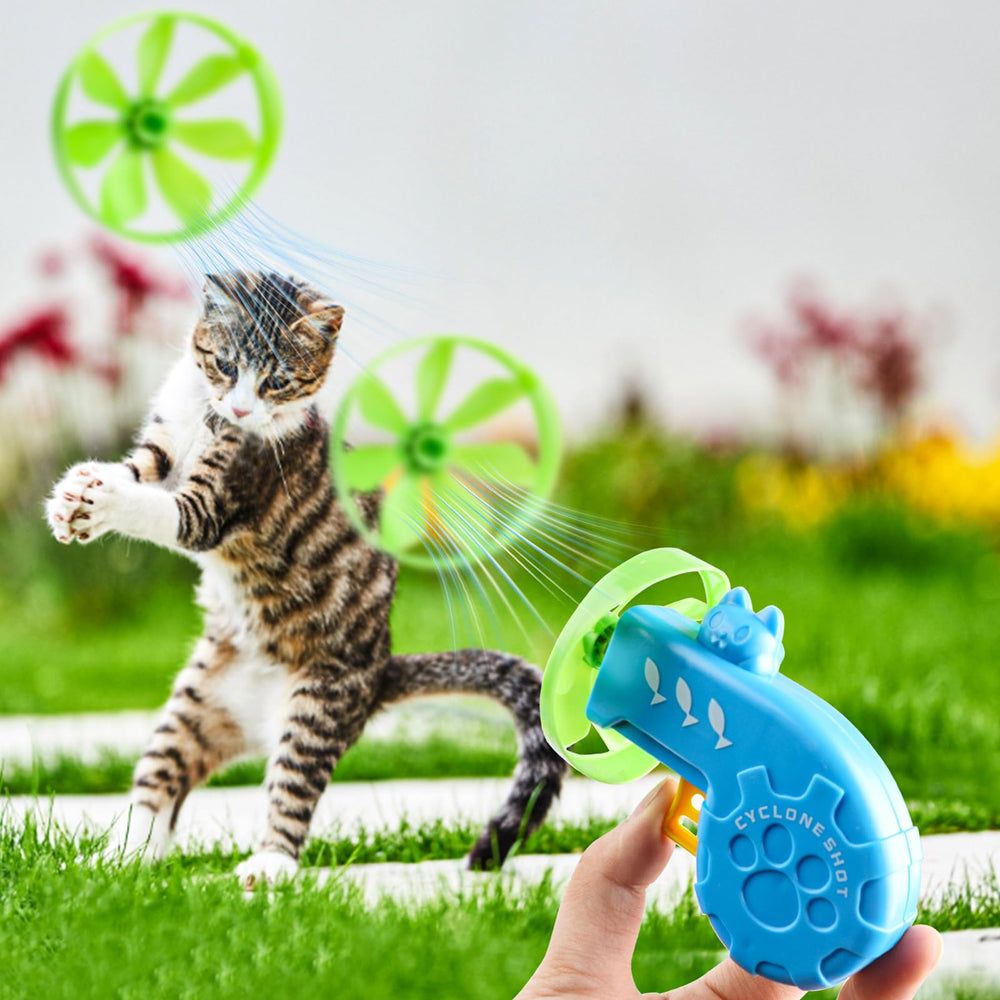 FOIMAS cat fetch toy packaging includes 2 launchers and 15 propellers