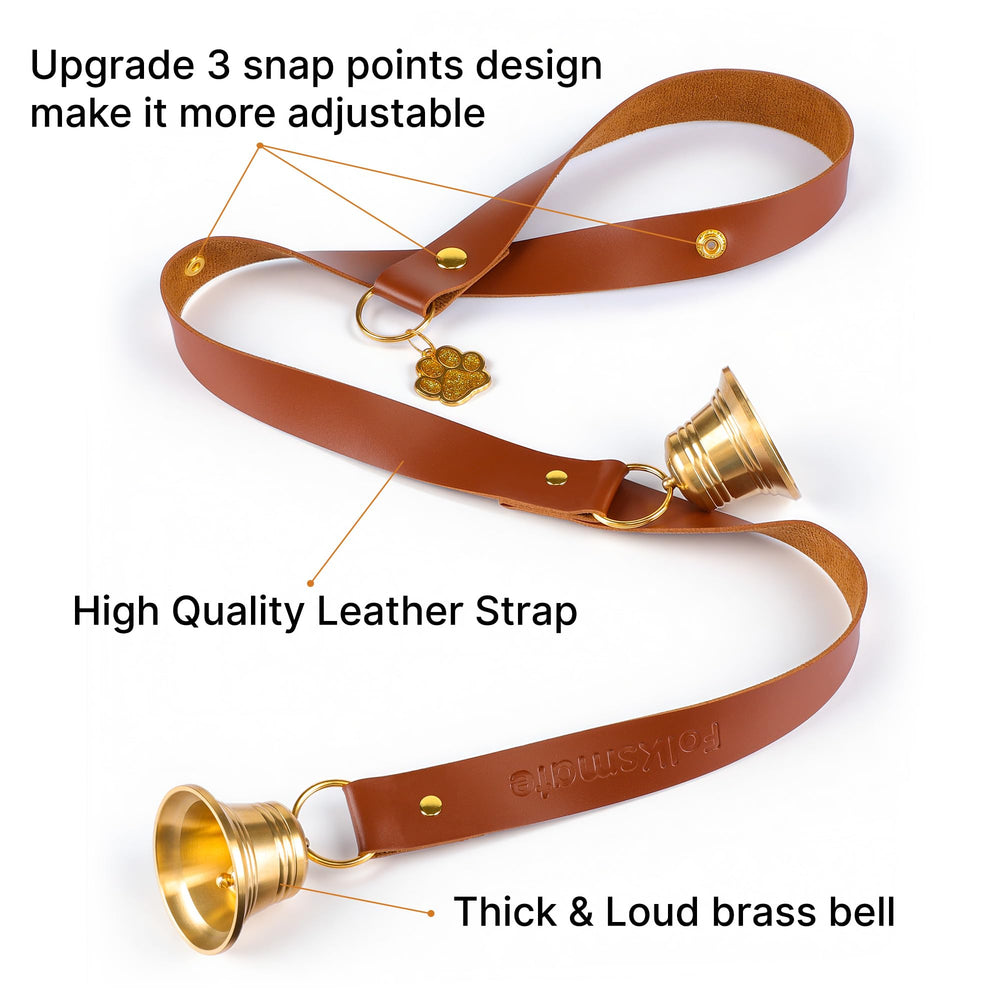 FOLKSMATE leather dog door bell adjustable length demonstrated on doorway.