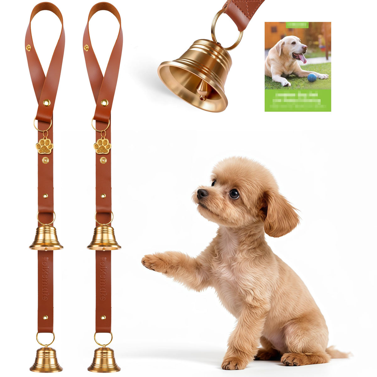 FOLKSMATE leather dog door bell assembly on door handle for potty training.