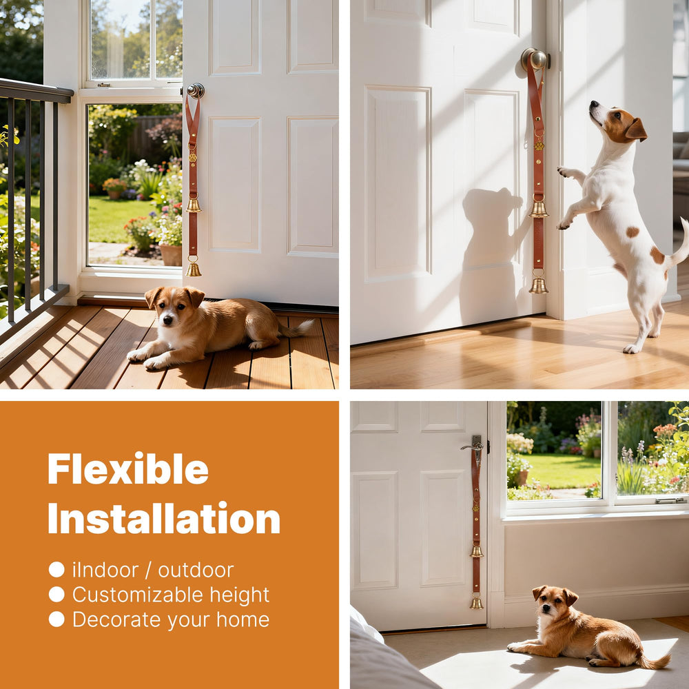 FOLKSMATE leather dog door bell in use for potty-training scenarios.