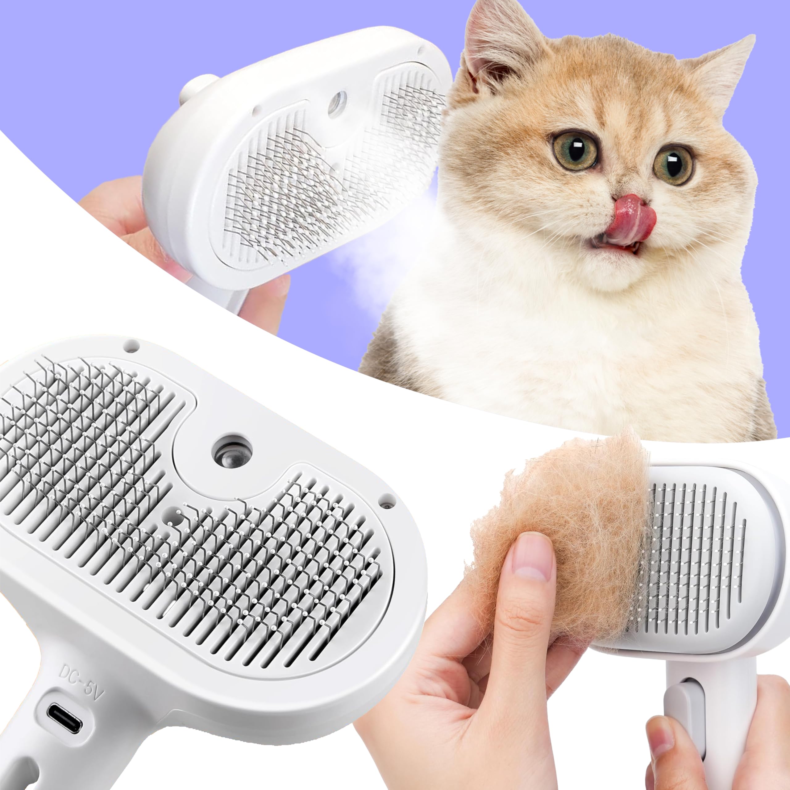 FONSUFA Cat Steam Brush before and after shows reduced loose fur and smoother coat.