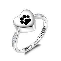Fookduoduo sterling silver paw print urn ring closeup, durable keepsake for pet ashes