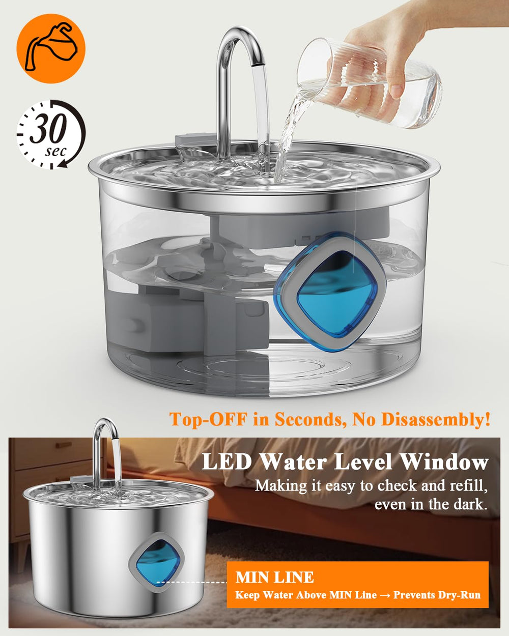 FOOPOMARY ultra-quiet-pump ensures peaceful drinking for pets and quiet homes.