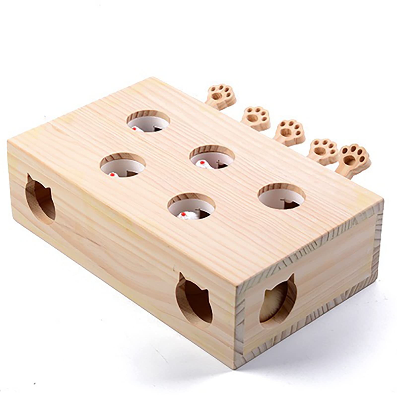 FOOPOMARY Whack-A-Mole cat toy front view shows durable wooden design for safe indoor play