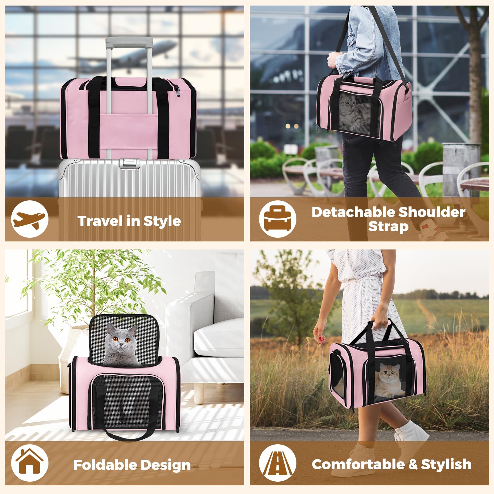 FOORLON Cat Carrier Soft pink travel bag blends style with practical portability.