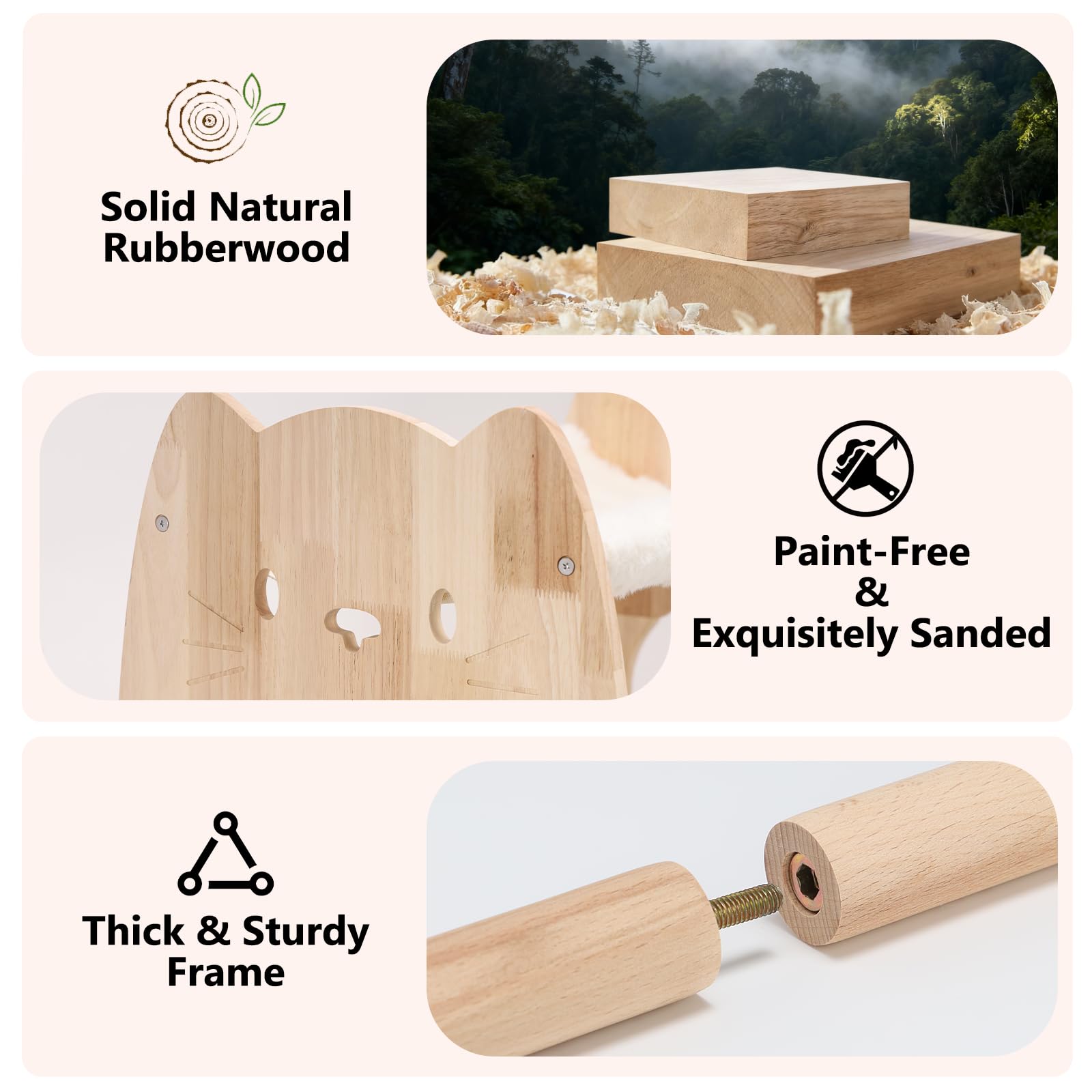 Fopeat solid rubberwood frame provides stable, wobble-free support