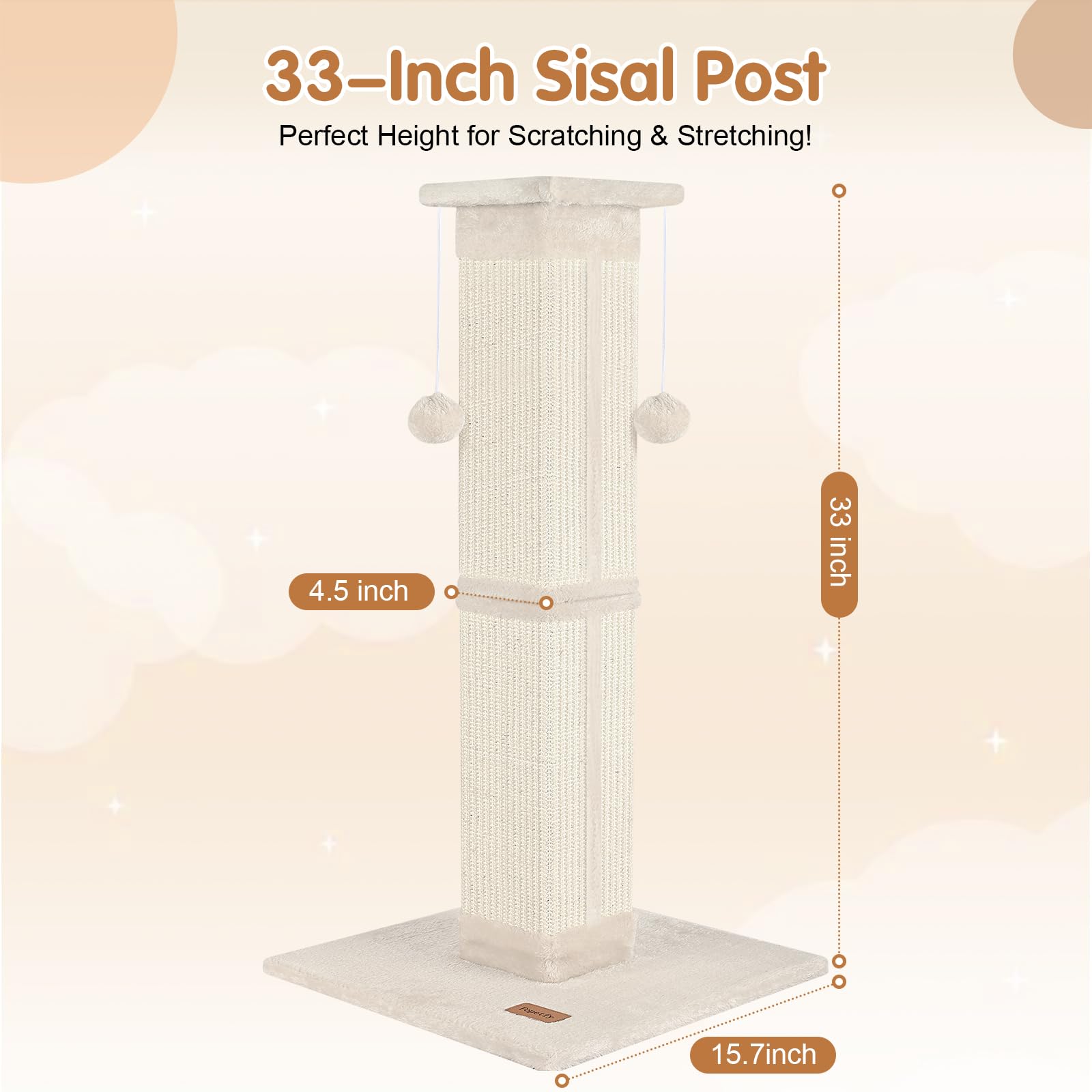 Fopetfy 33 inch cat-tree demonstrates full-body stretching in a cozy beige post
