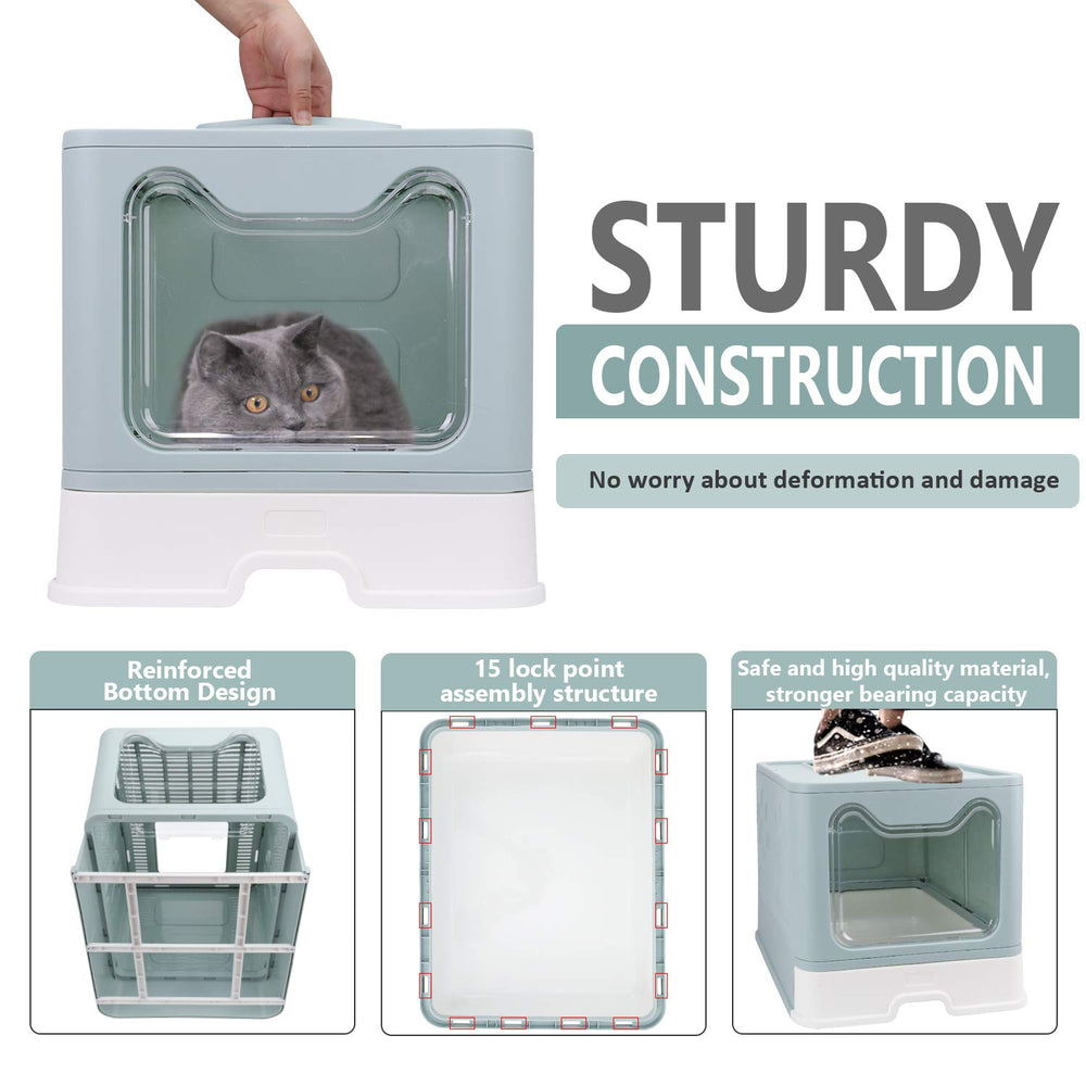 Fophop blue enclosed litter box, large interior provides comfortable space for cats.