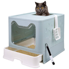 Fophop foldable litter box with blue lid, closed view for privacy and easy storage.