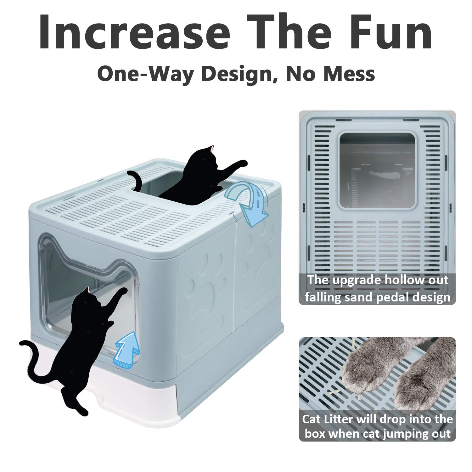 Fophop blue foldable litter box side view, anti-splash design helps reduce mess.