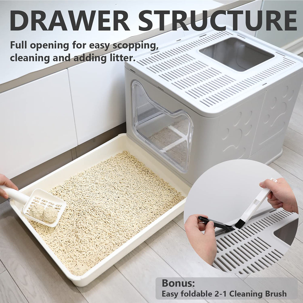 Fophop litter box includes a scoop for fast, mess-free litter maintenance.