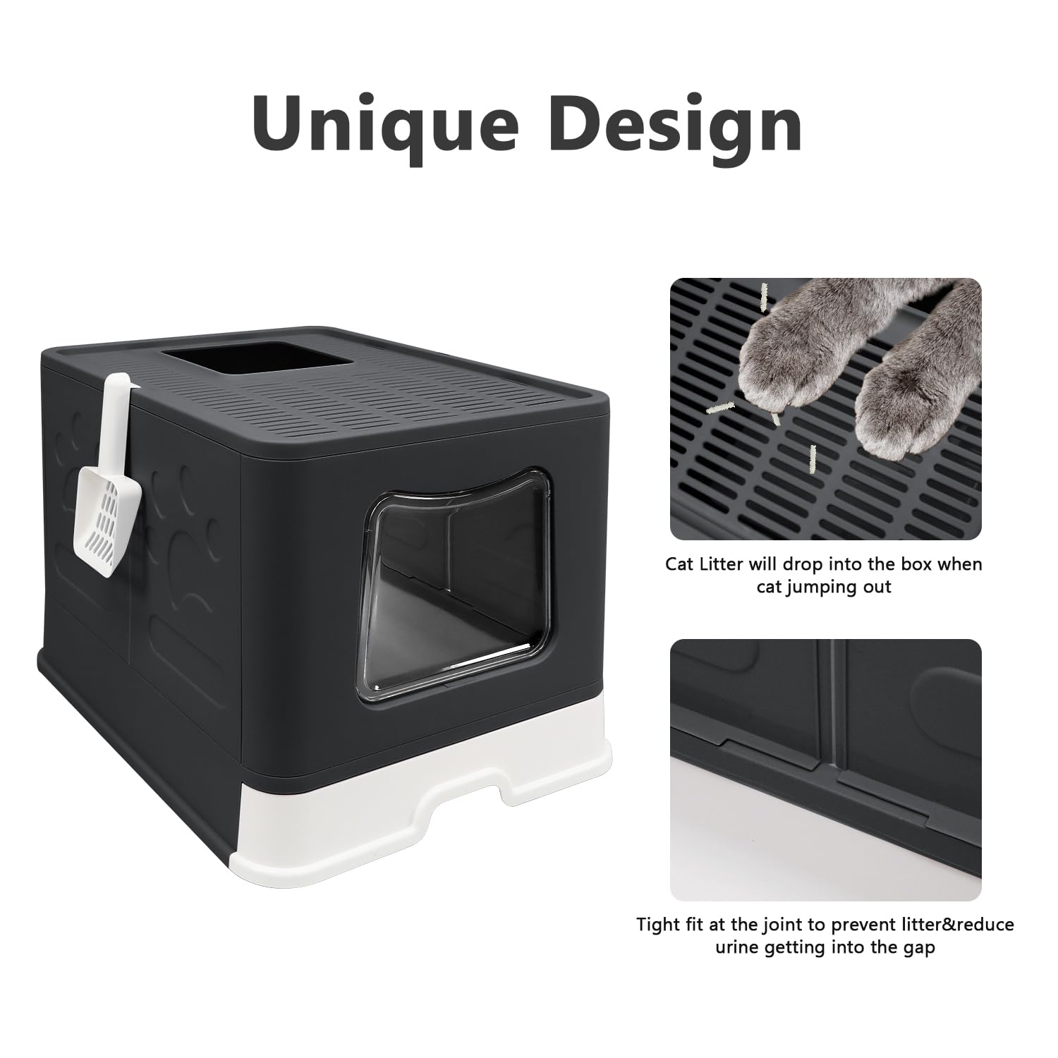 Fophop litter box with pull-out drawer and included scoop—easy cleaning, minimal mess.