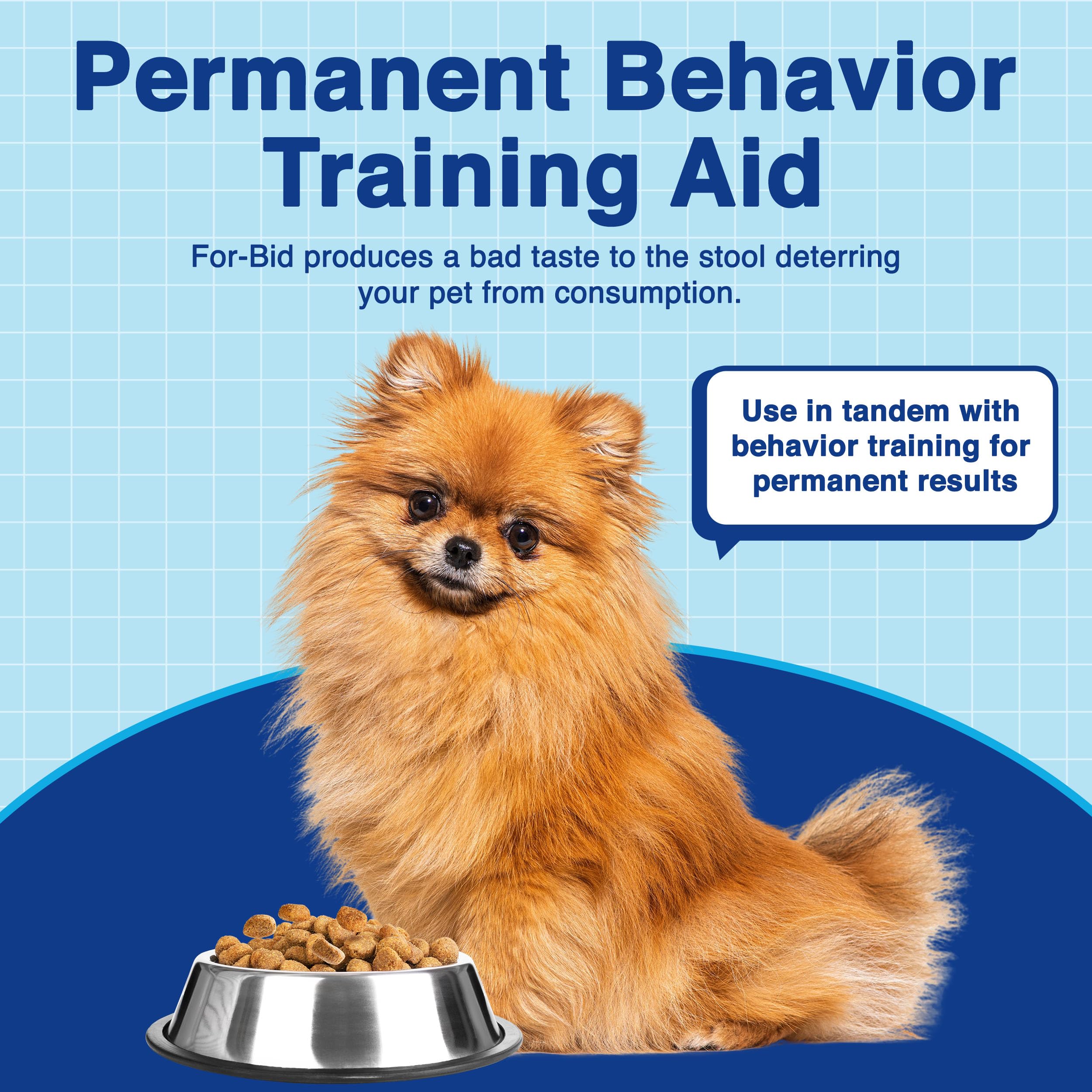 For-Bid stool deterrent shown near a pet food bowl at mealtime.