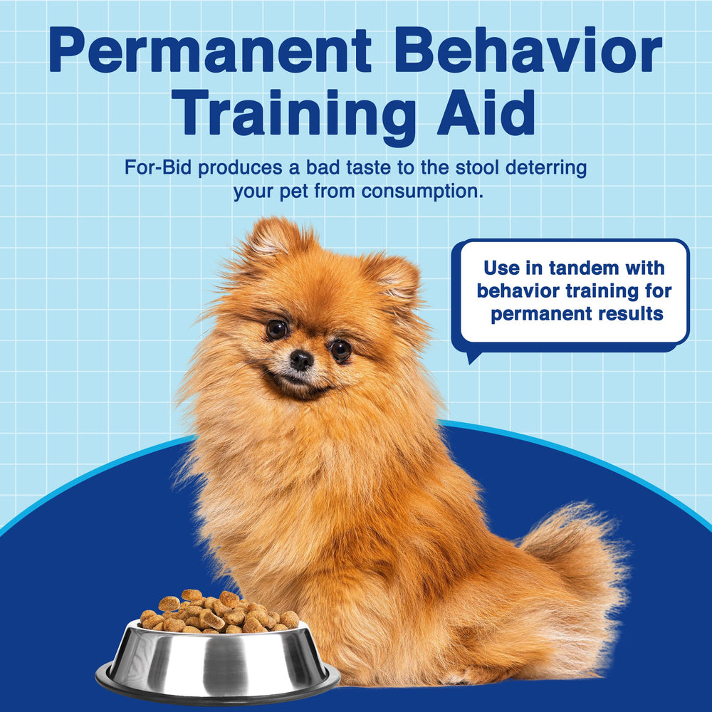 For-Bid stool deterrent shown near a pet food bowl at mealtime.