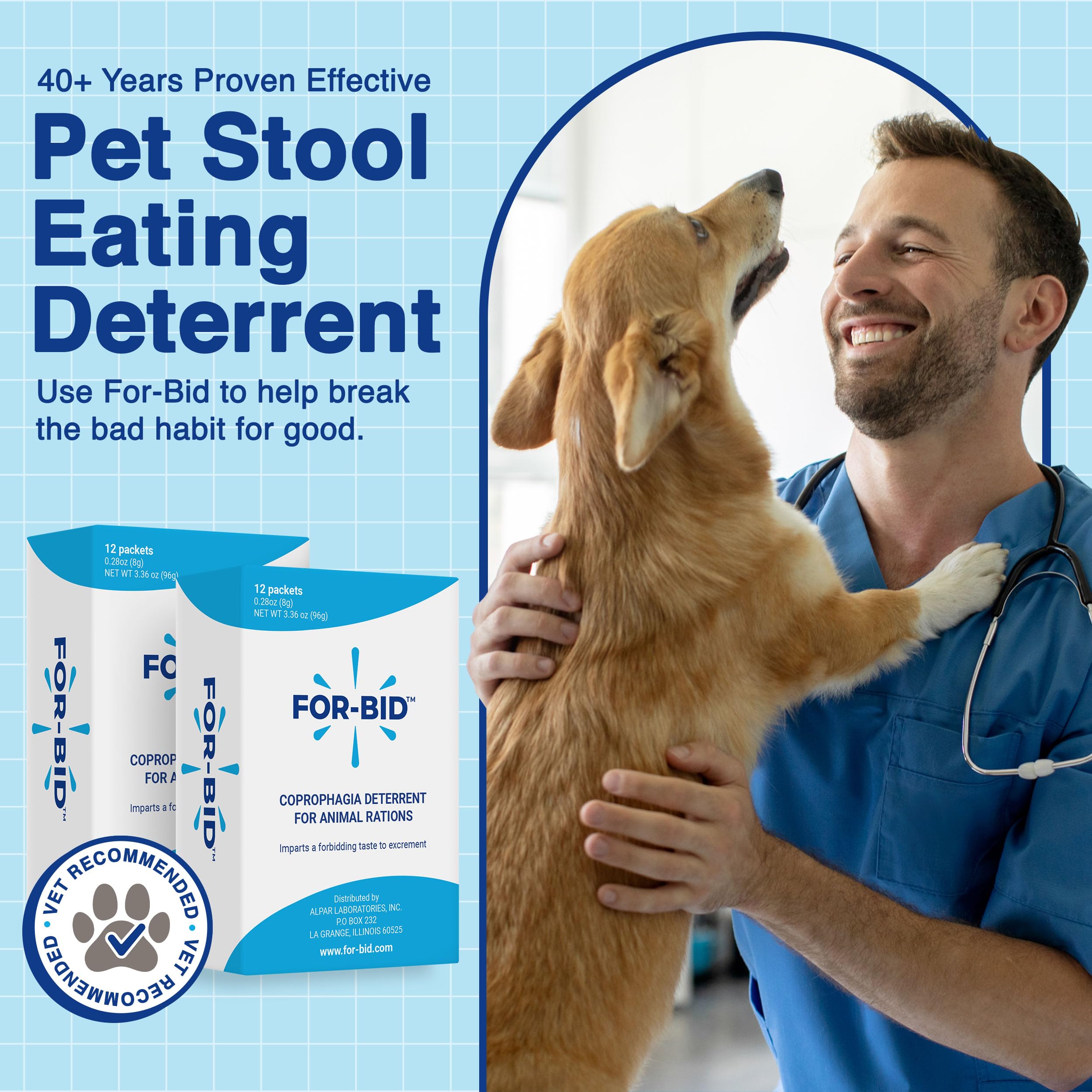 For-Bid stool deterrent powder being sprinkled on pet food for easy daily dosing.