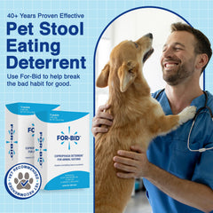 For-Bid stool deterrent powder being sprinkled on pet food for easy daily dosing.