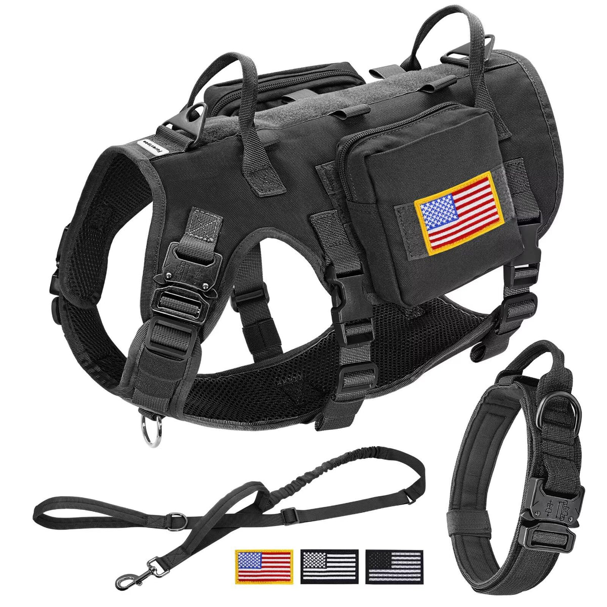 Forestpaw tactical harness front view demonstrates no-pull control for safer walks.