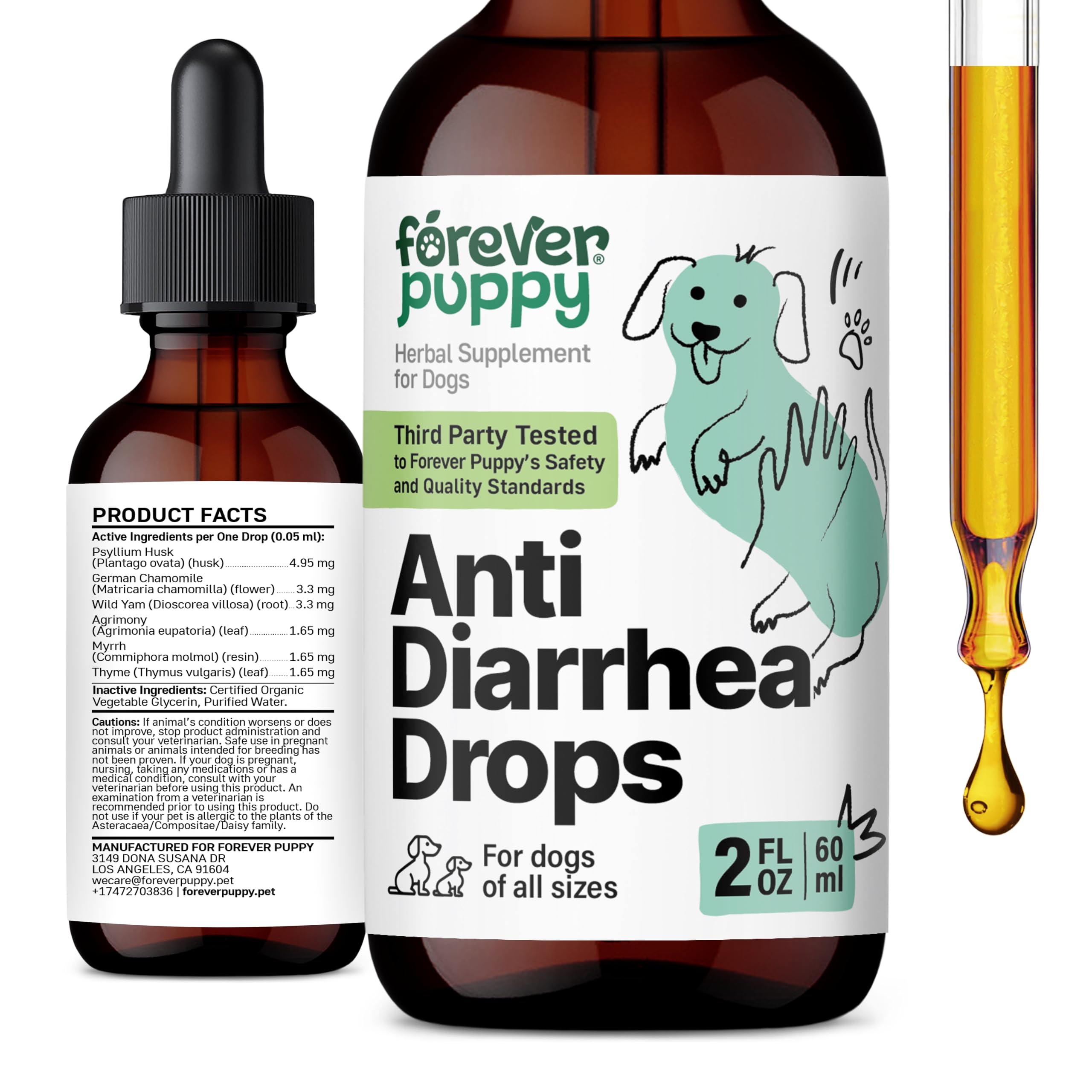 Forever Puppy anti-diarrhea drops bottle pour supports gentle digestion for dogs