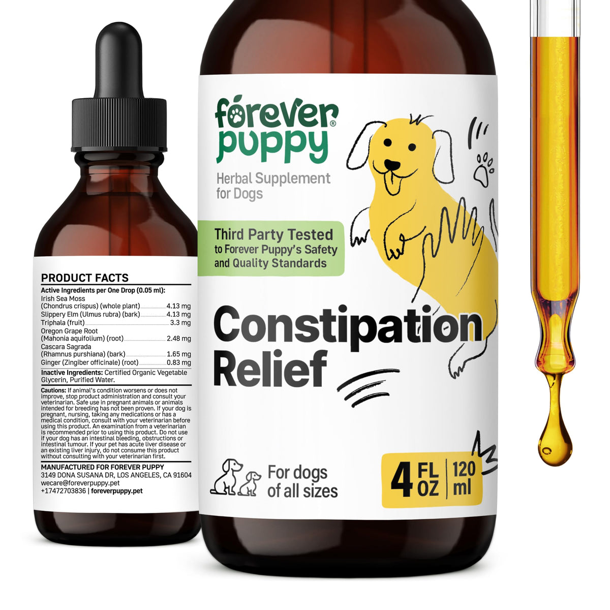 Forever Puppy constipation-relief drops bottle shows gentle gut support for dogs