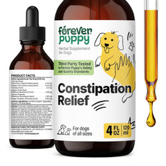 Forever Puppy constipation-relief drops bottle shows gentle gut support for dogs
