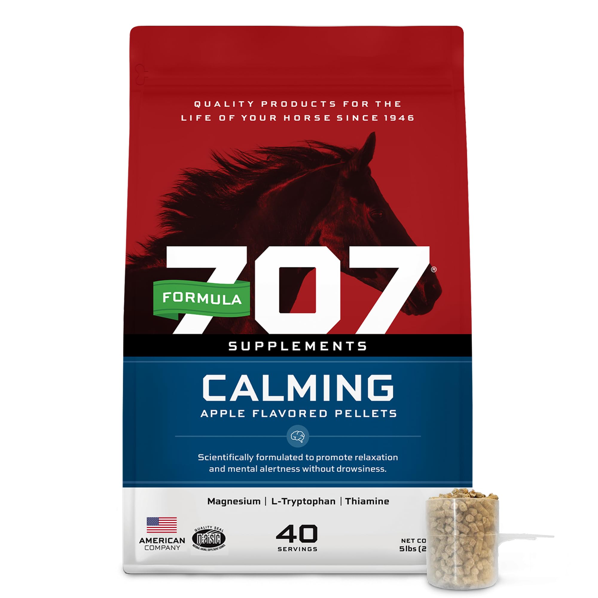 Formula 707 Calming Equine Supplement bottle-front promotes calm during training sessions.