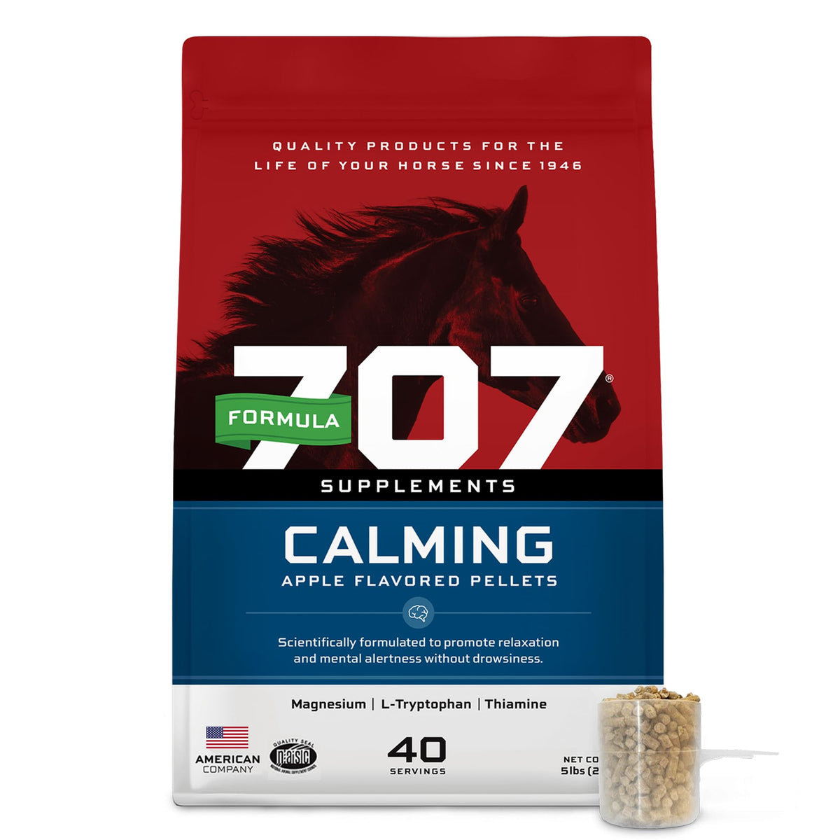 Formula 707 Calming Equine Supplement bottle-front promotes calm during training sessions.