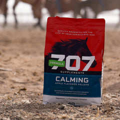 Formula 707 Calming equine ingredients chart illustrates L-Tryptophan, Thiamine, Magnesium synergy.