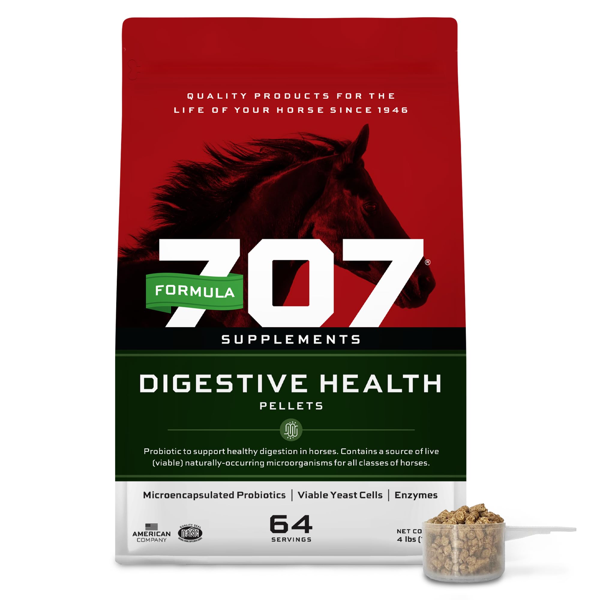 Formula 707 digestive health supplement bag with pellets for easy feeding and digestive support.
