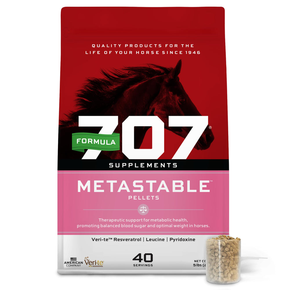 Formula 707 MetaStable pellets bag front, ready for metabolic support feeding.