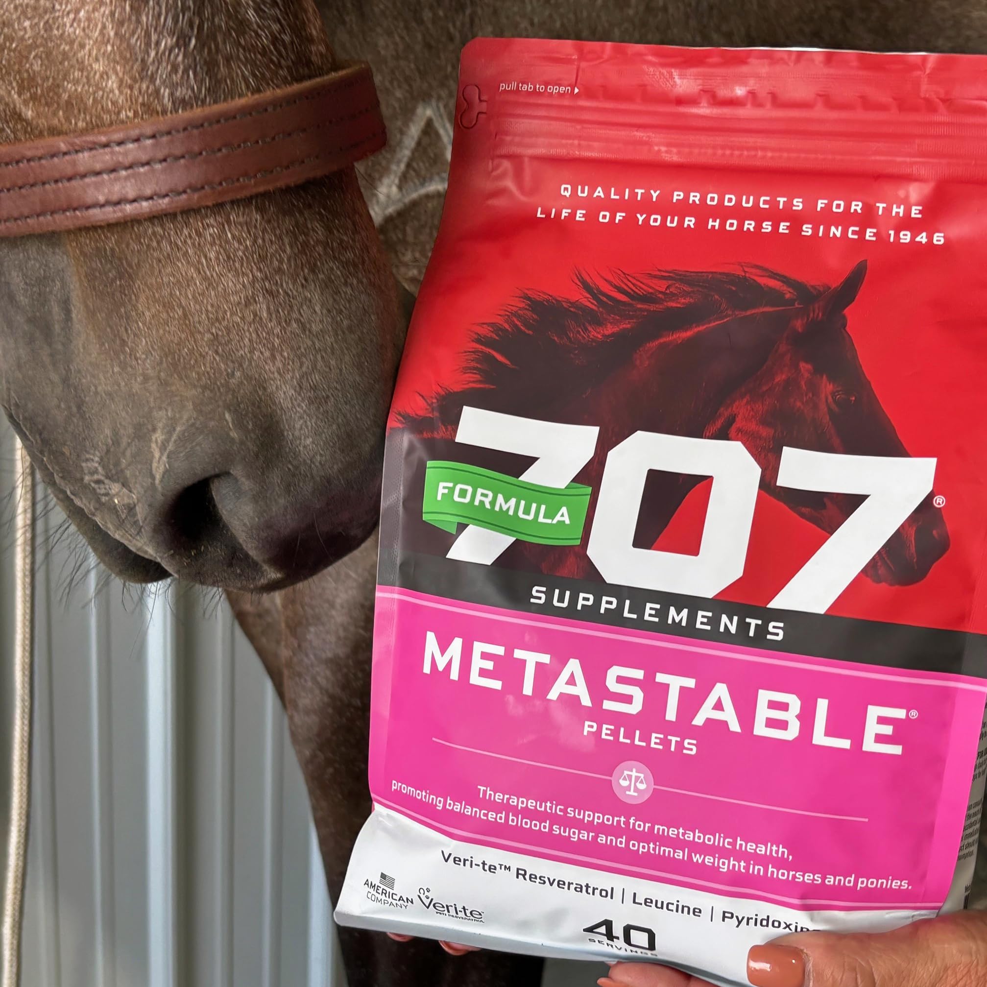 Formula 707 MetaStable pellets in feeding bucket, ready for daily metabolic support.