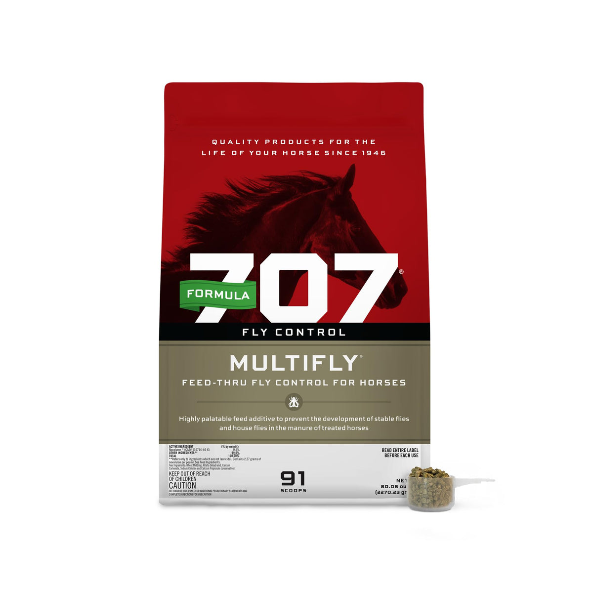 Formula 707 MultiFly pellets bag front for convenient fly control at the barn