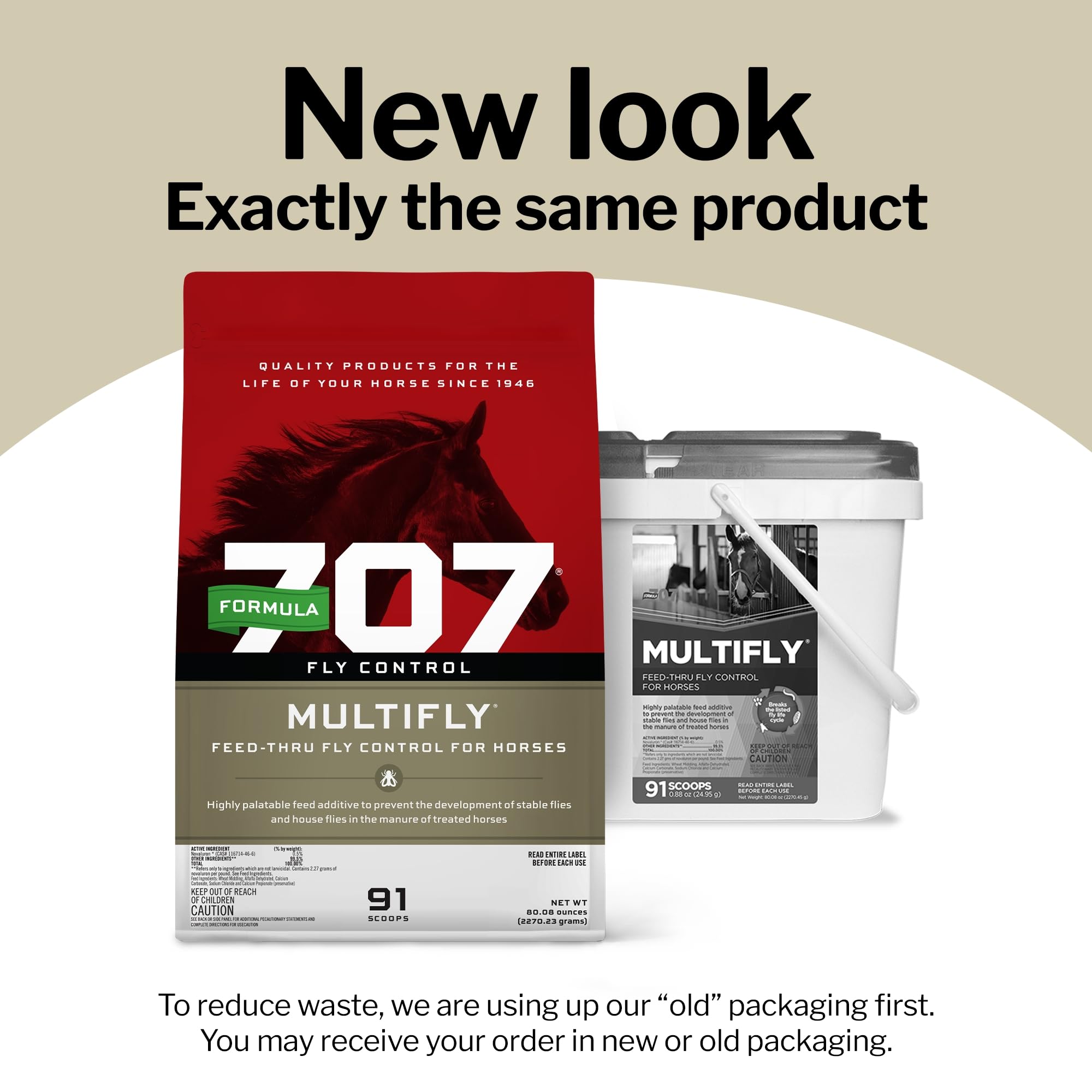 Formula 707 MultiFly pellets inside bag showing palatable alfalfa-wheat base