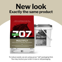 Formula 707 MultiFly pellets inside bag showing palatable alfalfa-wheat base