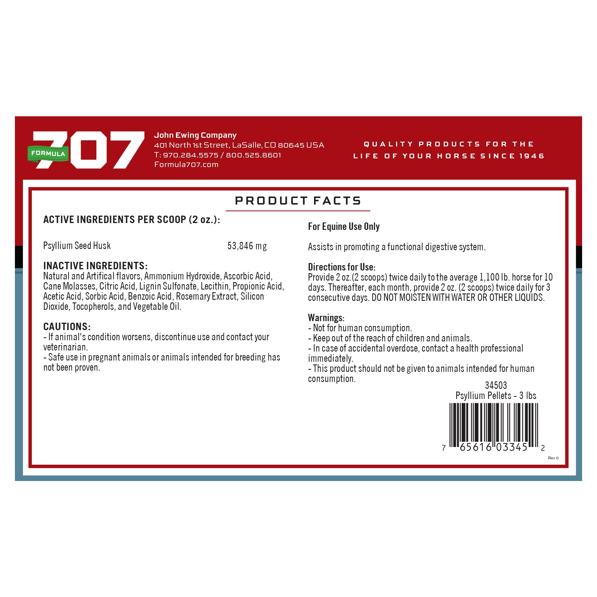 Formula 707 psyllium pellets serving dish showing monthly use for sand and mineral management.