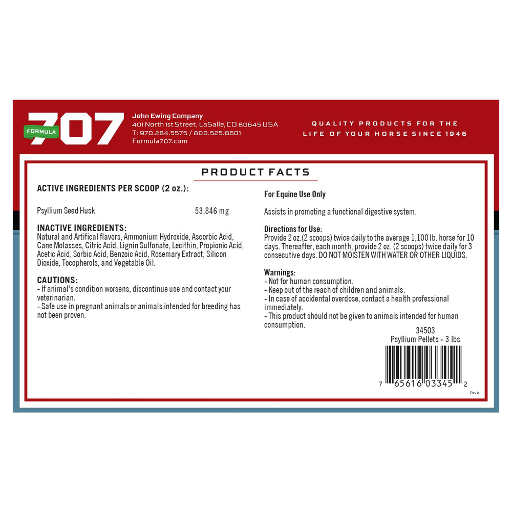 Formula 707 psyllium pellets serving dish showing monthly use for sand and mineral management.