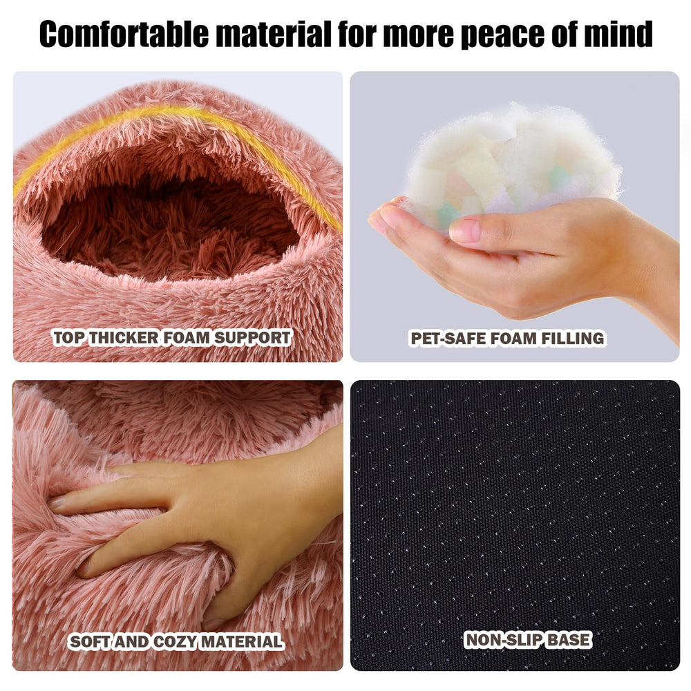 FORMYCATIE cat bed leather pink inside cave shows secure hideaway for kitten comfort.