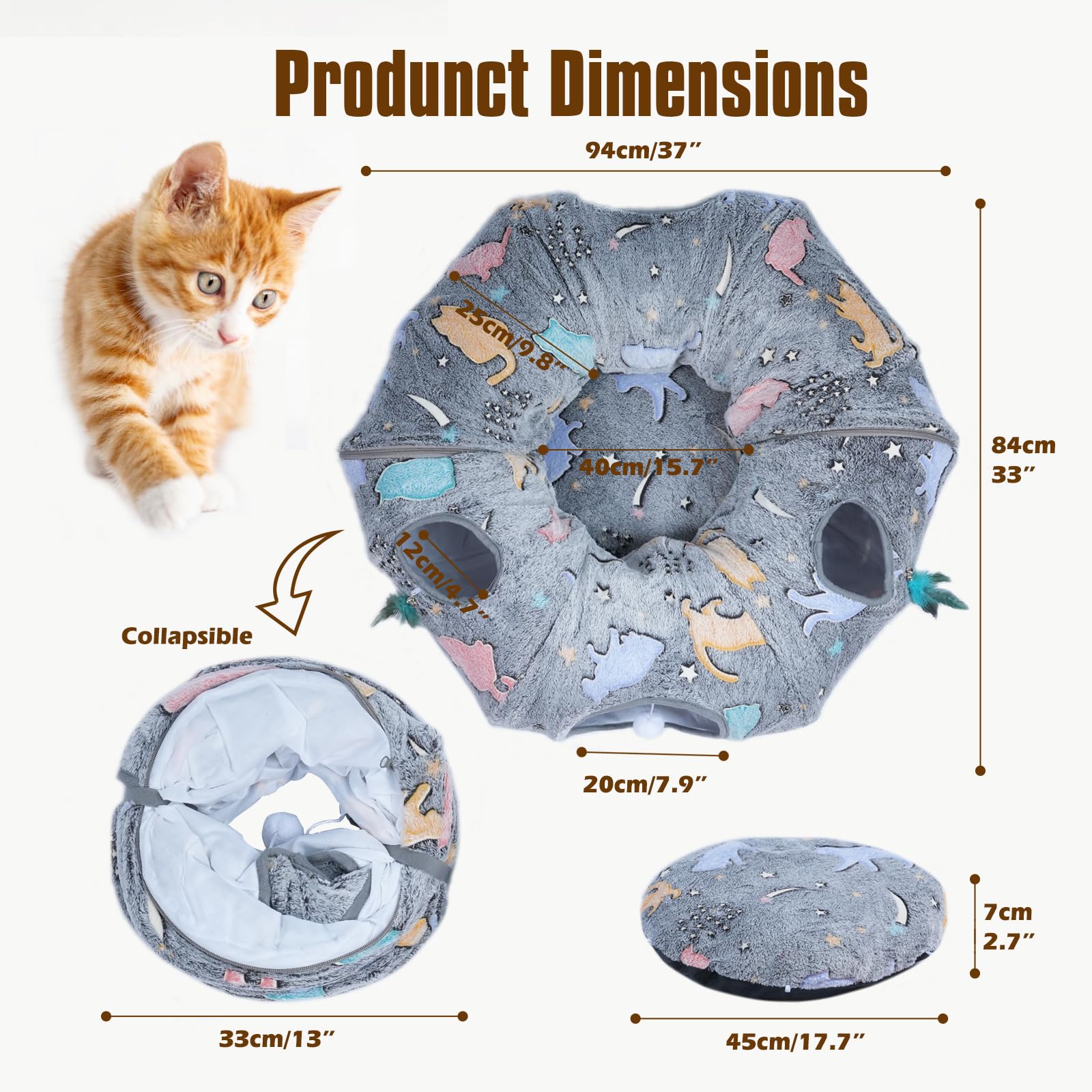 FORMYCATIE Cat Tunnel Bed soft flannel lining glows in the dark for cozy nights.