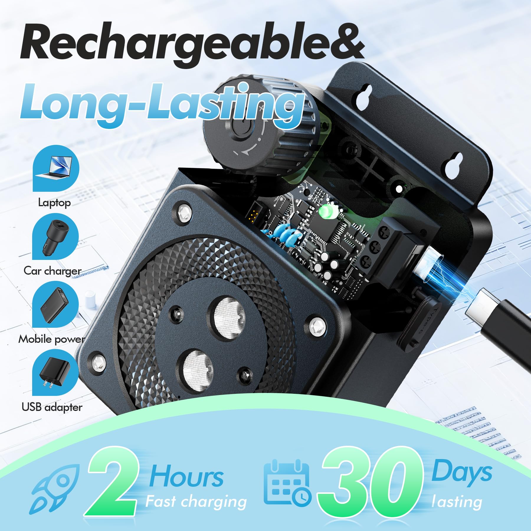 FORNIHE rechargeable 2000mAh battery powering bark deterrent up to a month