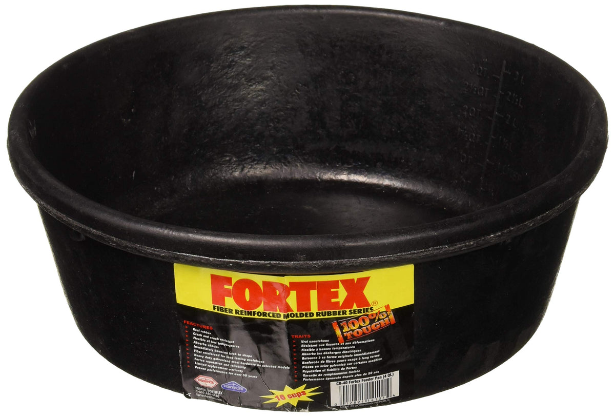 Fortex feeder pan full view shows a 4-quart rubber pan designed for medium pets' meals and durable portioning