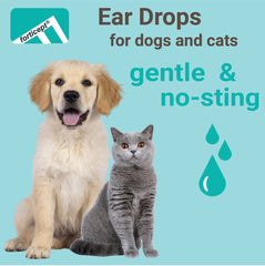 Forticept applying ear drops to a pet's ear canal for gentle relief and massage.