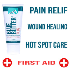 Forticept Blue Butter Plus pain relief application highlights soothing lidocaine and panthenol.