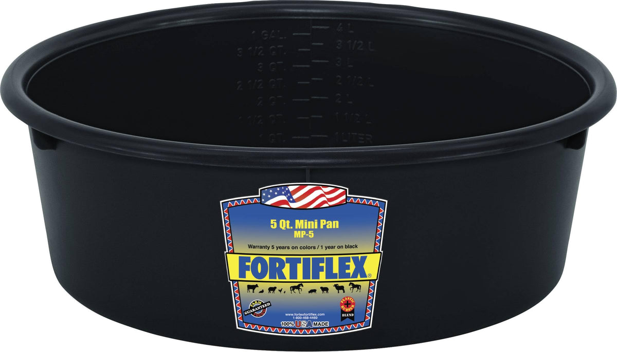 Fortiflex mini feed pan for dogs and horses, durable outdoor feeding and watering option.