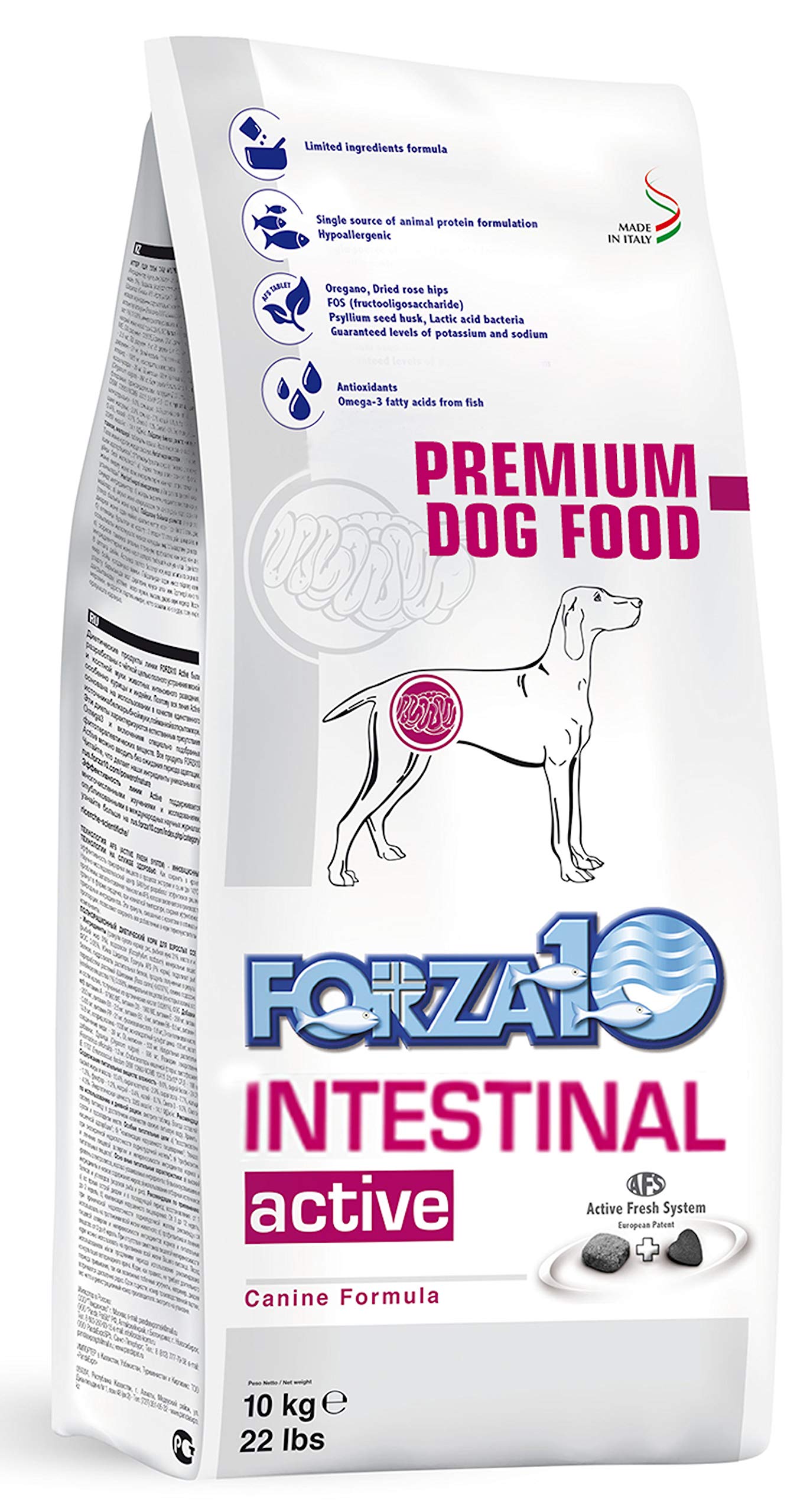 Forza10 Active Dry Intestinal packaging highlights gluten-free GI support for adult dogs