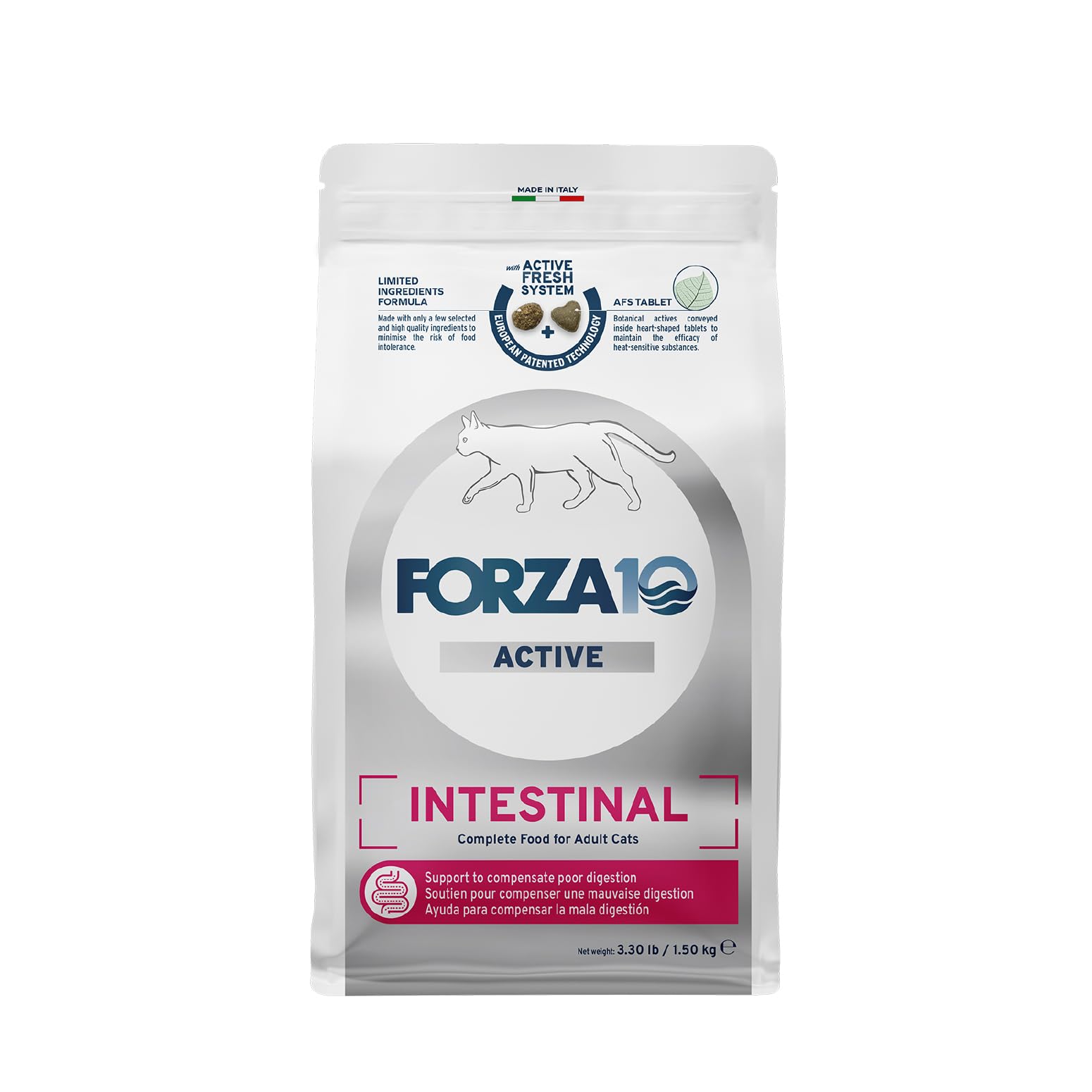 Forza10 cat food limited ingredient bag front showcasing sensitive-stomach support