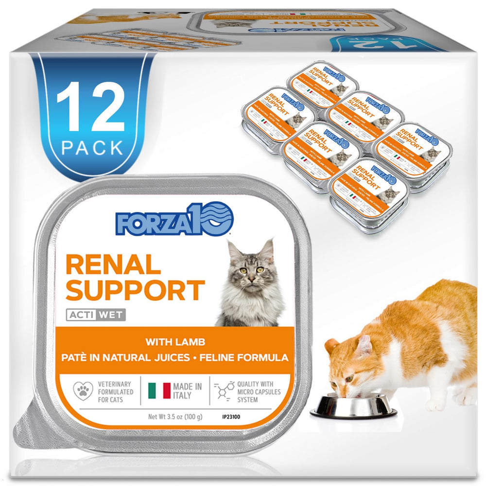 Forza10 renal wet cat food can demonstrates kidney-friendly lamb formula for adult cats.