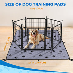 Fostanfly pad rolled out in living room with puppy, showing 54x54 coverage